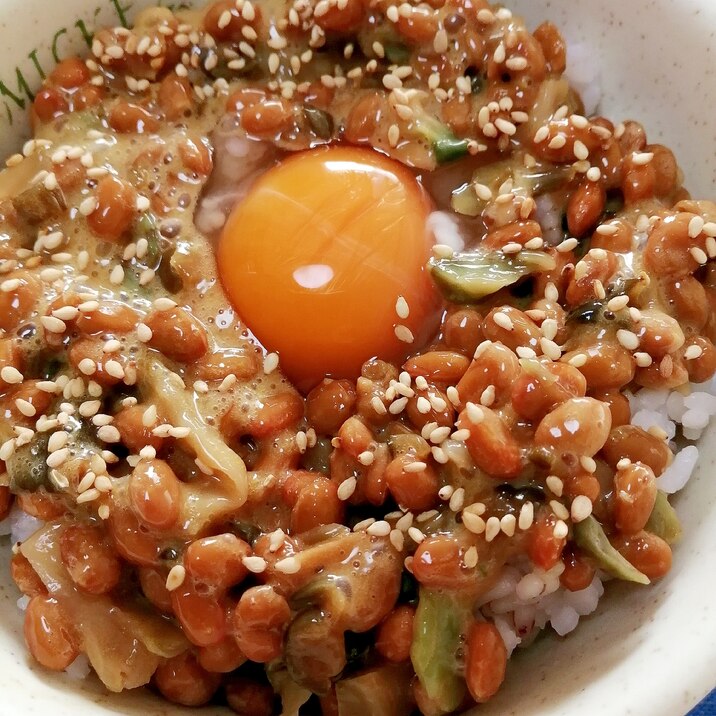 納豆の食べ方-生玉子＆ザーサイ胡瓜漬物♪